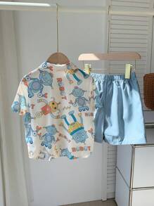 2pcs Young Boy Cute Cartoon Robot Pattern Collared Short Sleeve Cardigan And Shorts Set, Suitable For Travel, School, Spring And Summer - Multicolor - View 2
