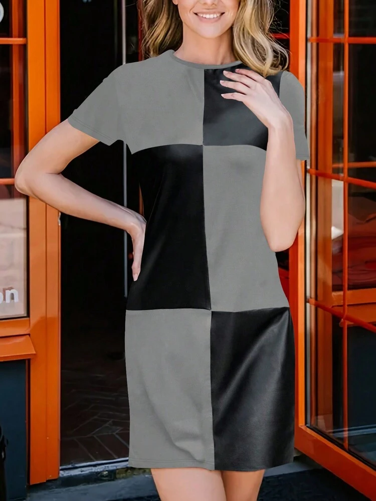 Women's Colorblock Minimalist Round Neck Short Sleeve Dress For Daily Wear