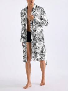 Men's Simple Daily Robe With Random Prints - Black and White - View 4