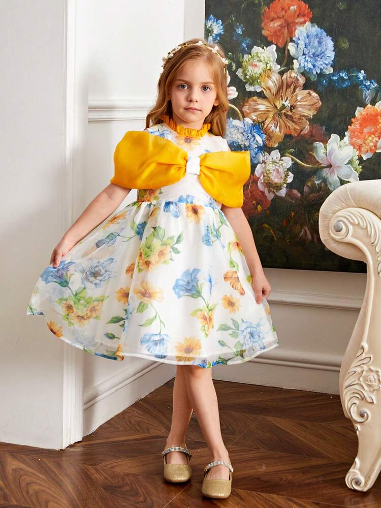 Young Girl's Shift Dress With Peter Pan Collar, Contrast Front Bow & Flower Pattern