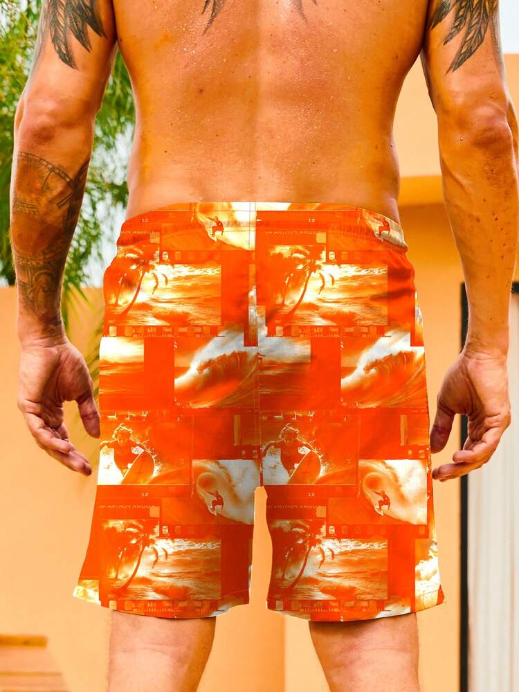 Men's Holiday Drawstring Waist Loose Beach Shorts With Character Print