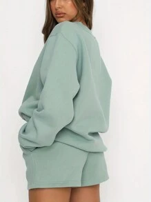 INAWLY 女性休閒純色垂肩長袖套裝衫和短褲