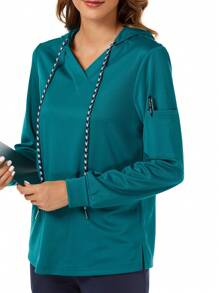 TaskEZ Shein Essnce Women Nurse Uniform Scrubs Summer Hooded Solid Color Long Sleeve  Uniform Top With Pocket - Green - View 7