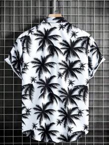 Genlund Men Coconut Tree Printed Short Sleeve Casual Shirt For Summer, Slim Fit Button Up Tropical Graphic Beach Shirt For Husband, Holiday - Black and White - View 2