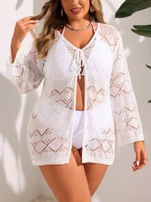 SHEIN Swim Curve Plus Size Summer Beach Solid Color Hollow Knitted Kimono - White - View 4