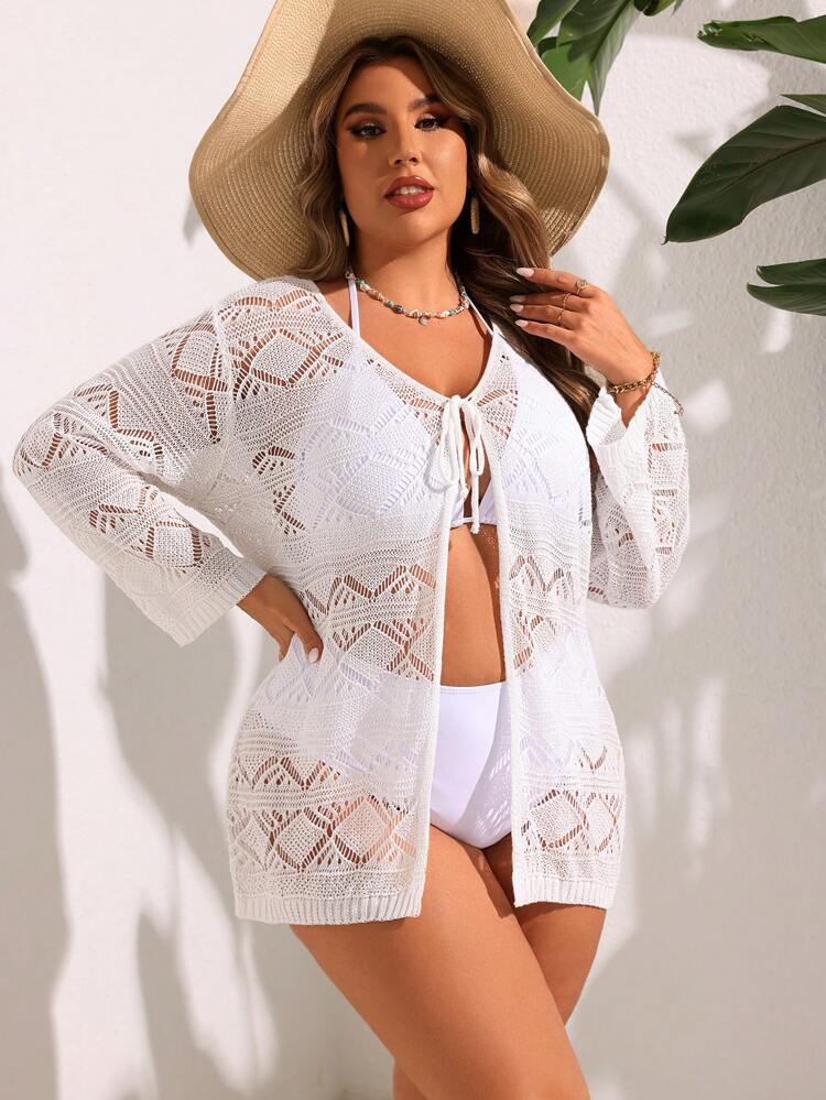 Plus Size Summer Beach Solid Color Hollow Knitted Kimono