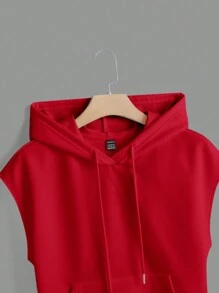 SHEIN EZwear 女士夏季休閒純色針織帶帽T卹，附有口袋 - 紅色 - 查看 3