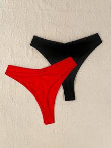 SHEIN Swim Curve Plus Size Summer Beach Solid Color Ruched Bikini Bottom - Red - View 4
