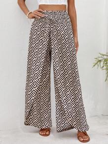 RueChic All Overprinted Flare Wide Leg With Splits At Front Smocking Waist Long Pants - Multicolor - View 6