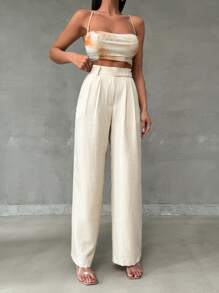 EURMUSE Women's Solid Color High Waisted Wide Leg Pants With Button And Zipper Detail - Beige - View 5