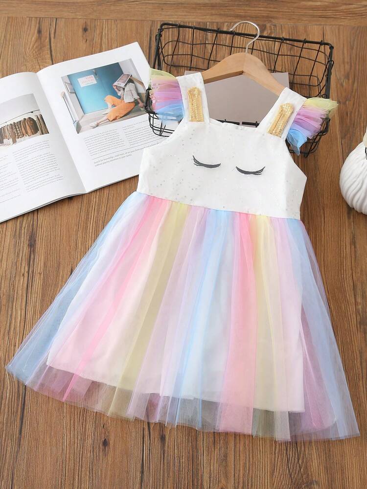 Young Girl Cute Cartoon Printed Colorful Mesh Flutter Sleeve Dress, Summer