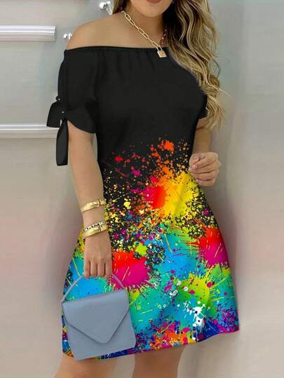 SHEIN SXY Women's Fashionable Summer A-Line Graffiti Off-Shoulder Dress