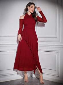 Modelyn Váy dạ hội dài tay xếp nếp màu trơn thời trang xuân/hè thanh lịch màu đỏ tía dành cho nữ có viền xếp nếp - Màu Đỏ Sâu - Xem 1