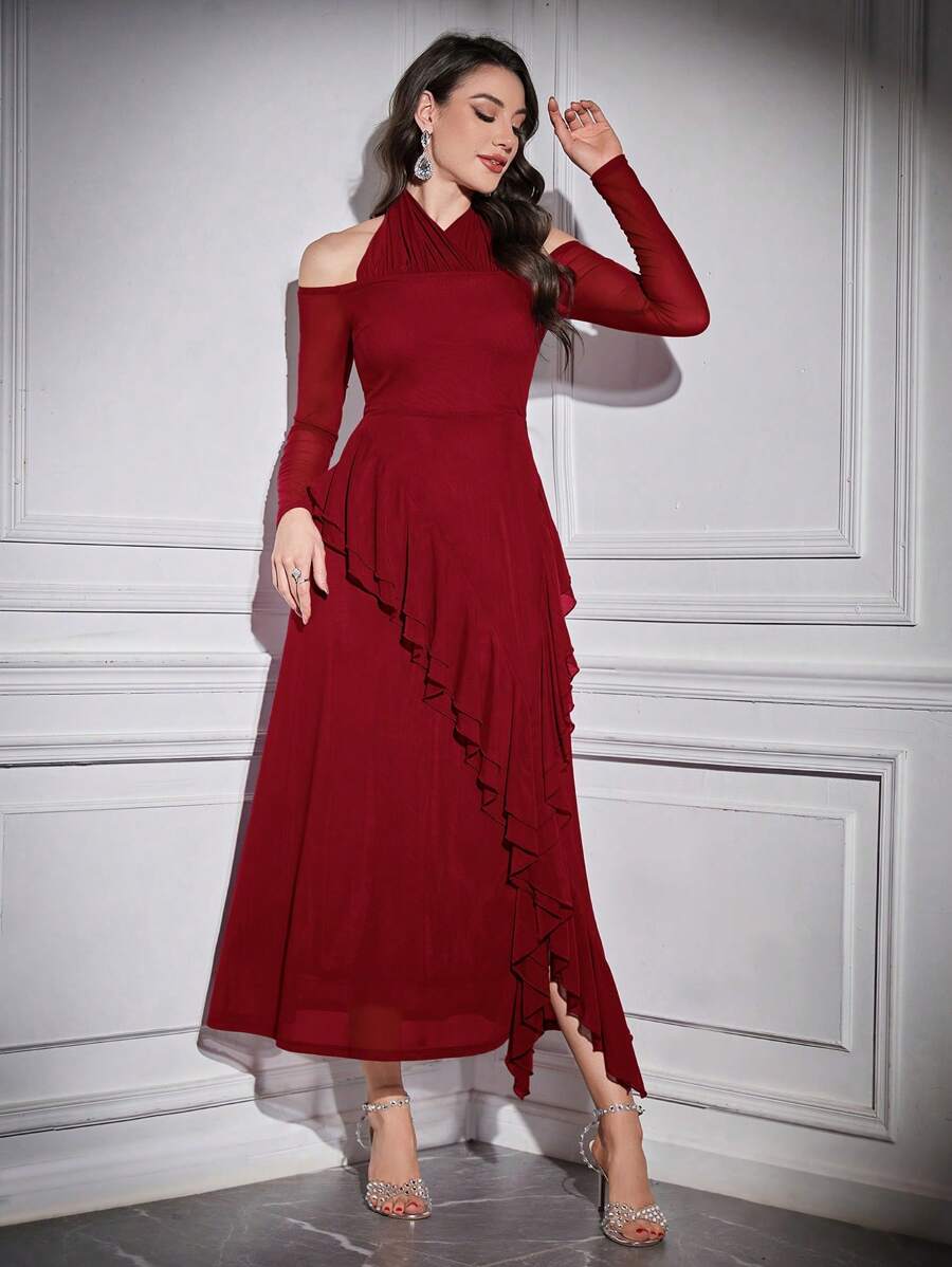 Modelyn Váy dạ hội dài tay xếp nếp màu trơn thời trang xuân/hè thanh lịch màu đỏ tía dành cho nữ có viền xếp nếp - Màu Đỏ Sâu - Xem 1