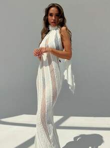 Aloruh Spring/Summer Vacation Elegant Dress With Semi-Transparent Straps And Belt, Sleeveless, Perfect For Photoshoots - Apricot - View 6