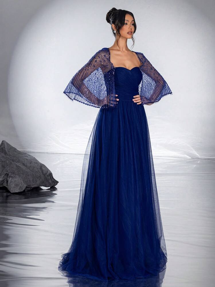 New Elegant Sequined Mesh Shoulder Shrug With Bead Ornament Evening Gown  Dress | SHEIN USA