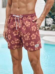 Manfinity VDAYZ Men's Beach Shorts Couples Matching Swimwear Drawstring Waist Front Tie Pocket Floral Print Beach Vacation Hawaiian