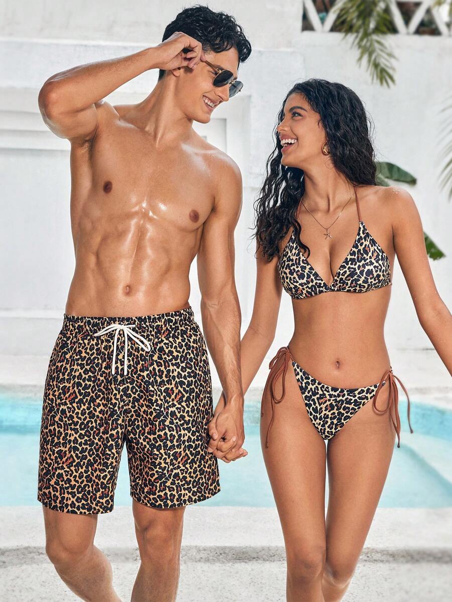 Manfinity Swimmode 1 Stück Herren Urlaubs Leopard Grafik Muster Kordelzug Elastischer Taille Weite Passform Strand Shorts Bade Shorts, für Strand, Urlaubspaar Partnerlook Badebekleidung, Hawaii