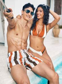 Manfinity VDAYZ 1pc Men's Vacation Striped & Printed Drawstring Wide-Leg Beach Shorts Couples Matching Swimwear Vacation,Hawaiian - Multicolor - View 7