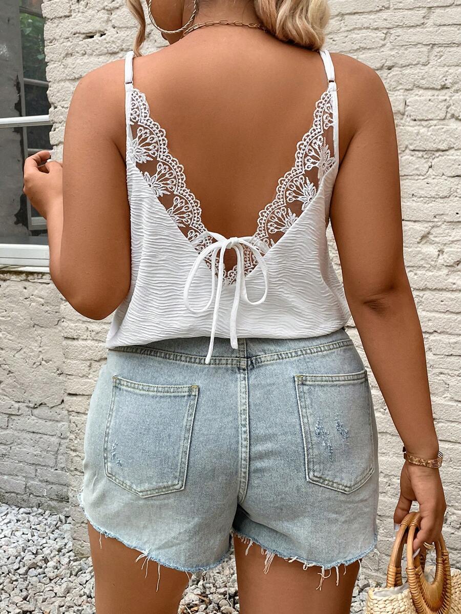 SHEIN Frenchy 大码纹理背面系带度假女式夏季波西米亚风背心 - 白色 - 查看 1