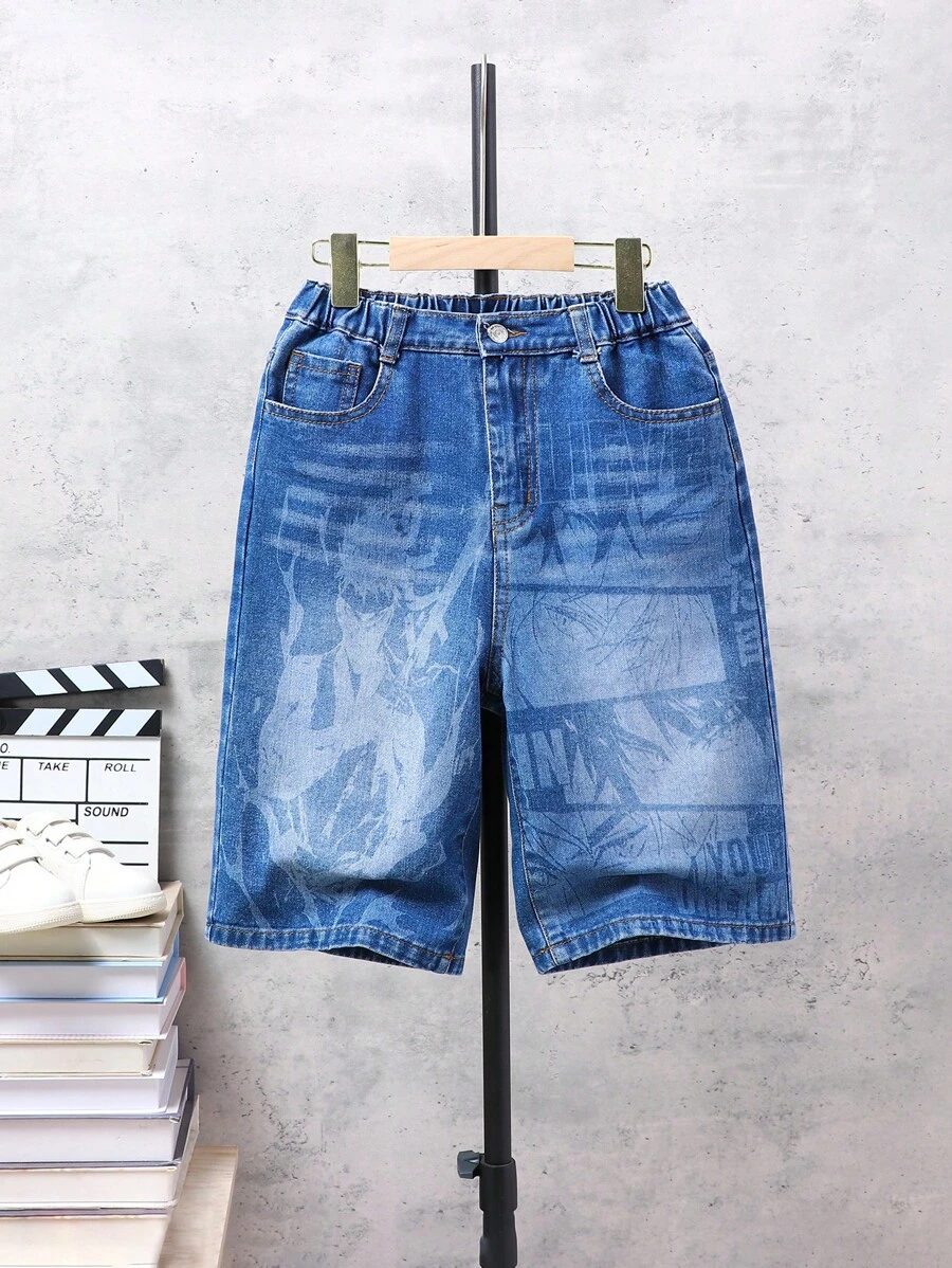 Tween Boy Personalized Street-Style Loose Fit Cartoon Printed Casual & Comfortable Jeans - Medium Wash - View 1