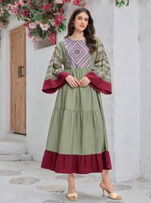 Mulvari Women's Loose Fit Geometric Print Round Neck Dress With Flared Sleeves And Ruffled Hem, Arabic Style - Olive Green - View 3