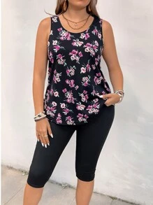 SHEIN VCAY Plus Size Boho Vacation Floral Printed Tank Top & Solid Color Elastic Waist Capri Pants Set, For Summer,Holiday Outfits