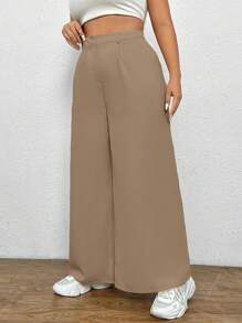 SHEIN EZwear 大尺碼女士純色寬腳褲 - 棕色 - 查看 3