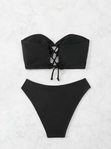 Swim Vcay 女士夏季海灘單色無肩帶比基尼套裝，帶圓環連接和空心設計 - 黑色 - 查看 5