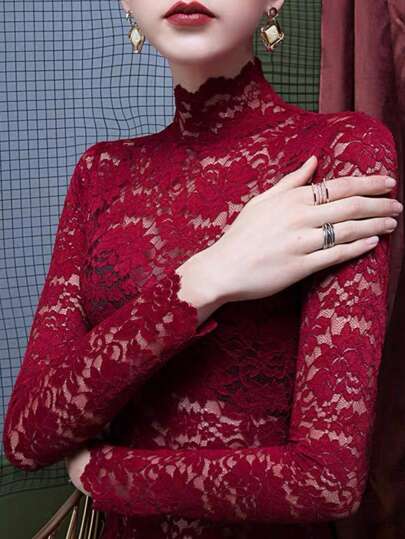 INAWLY Elegant Solid Color Stand Collar Lace Top For Women, Spring/Summer Fall Cloth For Women