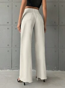 EURMUSE Raw Hem Wide Leg Jeans - Beige - View 2