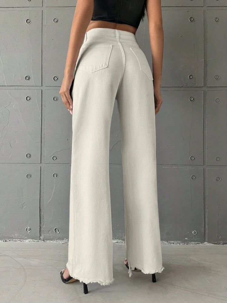 EURMUSE Raw Hem Wide Leg Jeans - Beige - View 2