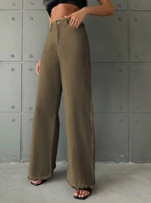 EURMUSE 毛邊闊腿牛仔褲 - 軍綠色 - 查看 4