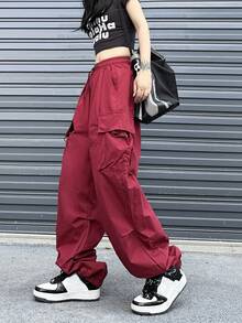 Pantalon casual à cordon de serrage avec design de poche vintage pour femmes - Rouge - Voir 4
