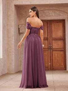 Aureia 浪漫優雅網紗露肩伴娘禮服，褶皺設計、結帶裝飾腰部和鬆軟網紗 - 藕粉色 - 查看 3