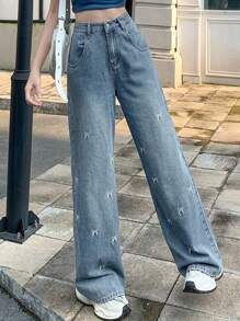 DAZY Women's Casual Bowknot Embroidered Straight Leg Jeans - Blue - View 3