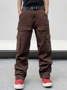 1pc Men's Multi-Pocket Wide Leg Cargo Denim Jeans - Coffee Brown - View 5