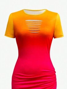 SHEIN Unity Women's Fashionable Gradient Color Short Sleeve Hollow Out Chest Side Slit Dress - Multicolor - View 5