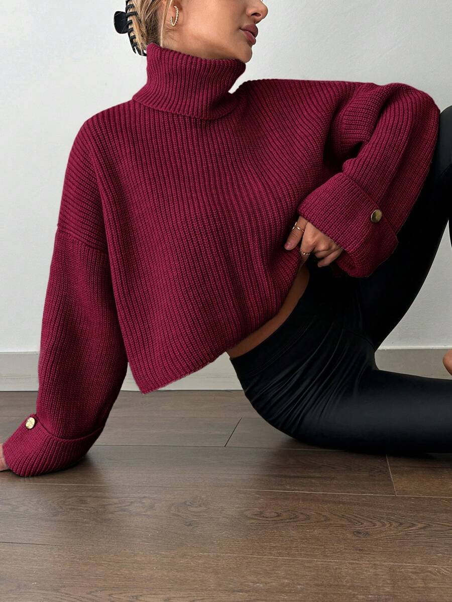 EURMUSE Women's Turtleneck Drop Shoulder Sweater - Burgundy - View 1