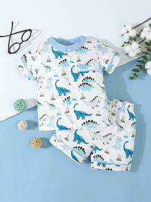 SHEIN Baby Boys' Simple Dinosaur Print Shorts And Short Sleeve Casual 2-Piece Pajama Set - White - View 1