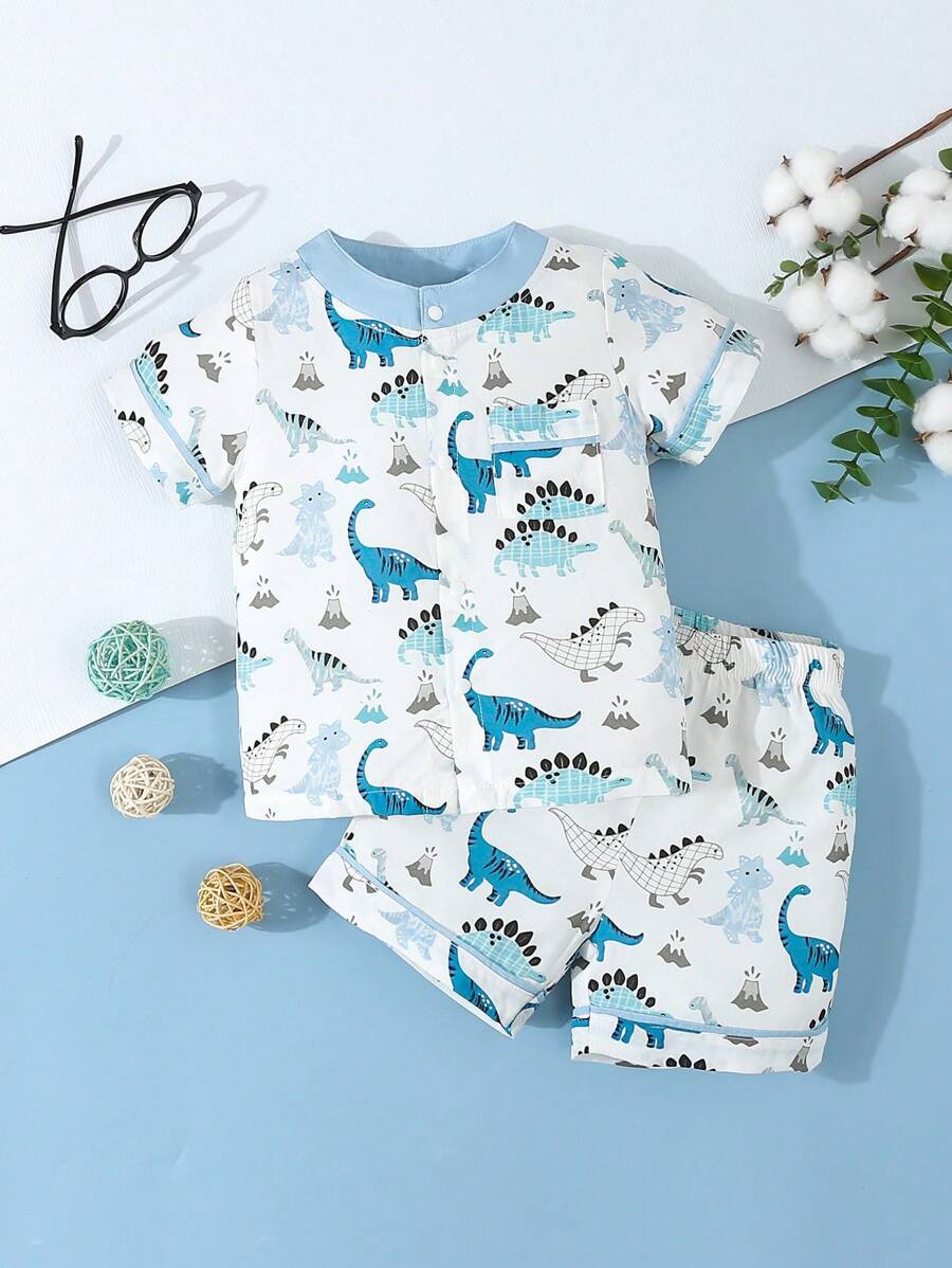 SHEIN Baby Boys' Simple Dinosaur Print Shorts And Short Sleeve Casual 2-Piece Pajama Set - White - View 1