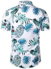 Camisa de manga corta hawaiana impresa con plantas tropicales de moda para hombres, para el verano - Blanco - Ver 2