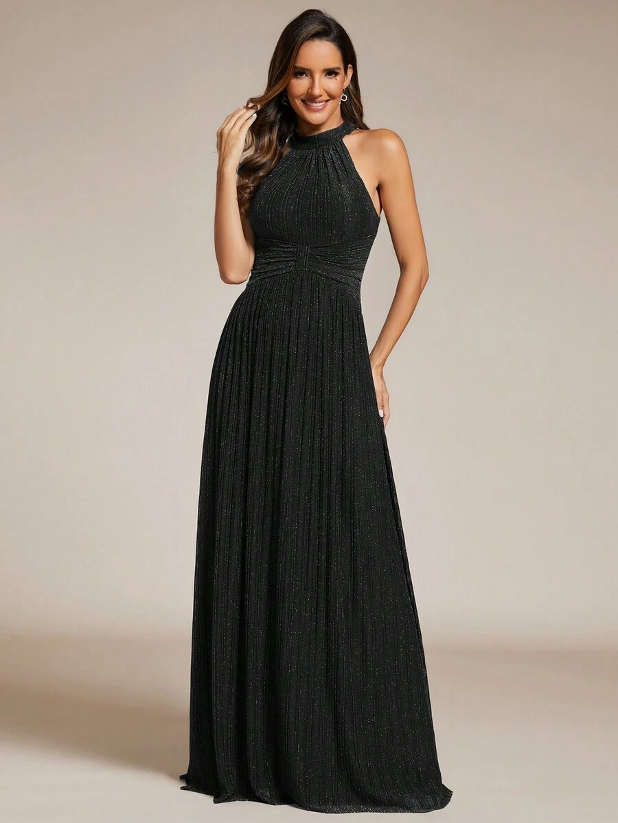 EVERPRETTY Shiny Ruched Waist Backless Party Dress, Black Elegant Formal Gown For Prom, Wedding Guest, Graduation Ceremony, Banquet And Other Occasions - Black - View 1