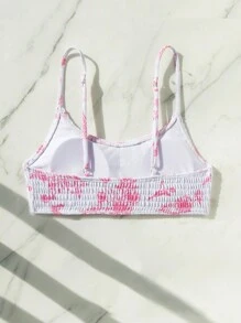 Swim Mod Summer Beach Random Printed Shirred Spaghetti Strap Bikini Top - Pink - View 2