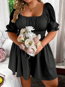 Sunnyshic Bộ áo liền quần đơn giản màu trơn dành cho nữ Plus Size có tay áo Raglan - màu đen - Xem 5