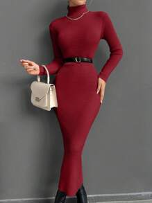 SHEIN Cottnline Turtleneck Ribbed Knit Sweater Dress Without Belt - Burgundy - View 1