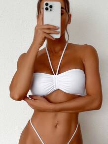 SHEIN Swim Haut de bikini sexy de couleur unie pour femmes à bretelles pour le cou pour les vacances, la plage d'été - Blanc - Voir 5