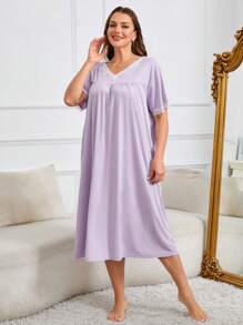 Vestido de pijama de talla grande con cuello en V, suelto, con adorno de encaje, vestido largo - Morado - Ver 5