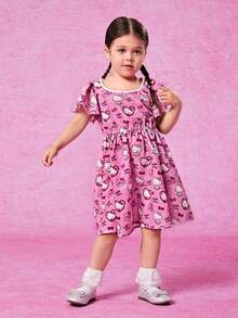HELLO KITTY AND FRIENDS | SHEIN 少女可愛印花短袖A字裙，適合夏季穿著 - 粉色 - 查看 4