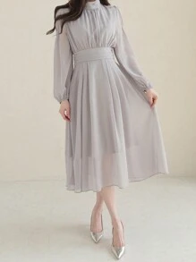 DAZY Mock Neck Lantern Sleeve Dress,Fall Dress Long Sleeve Dress - Light Grey - View 3